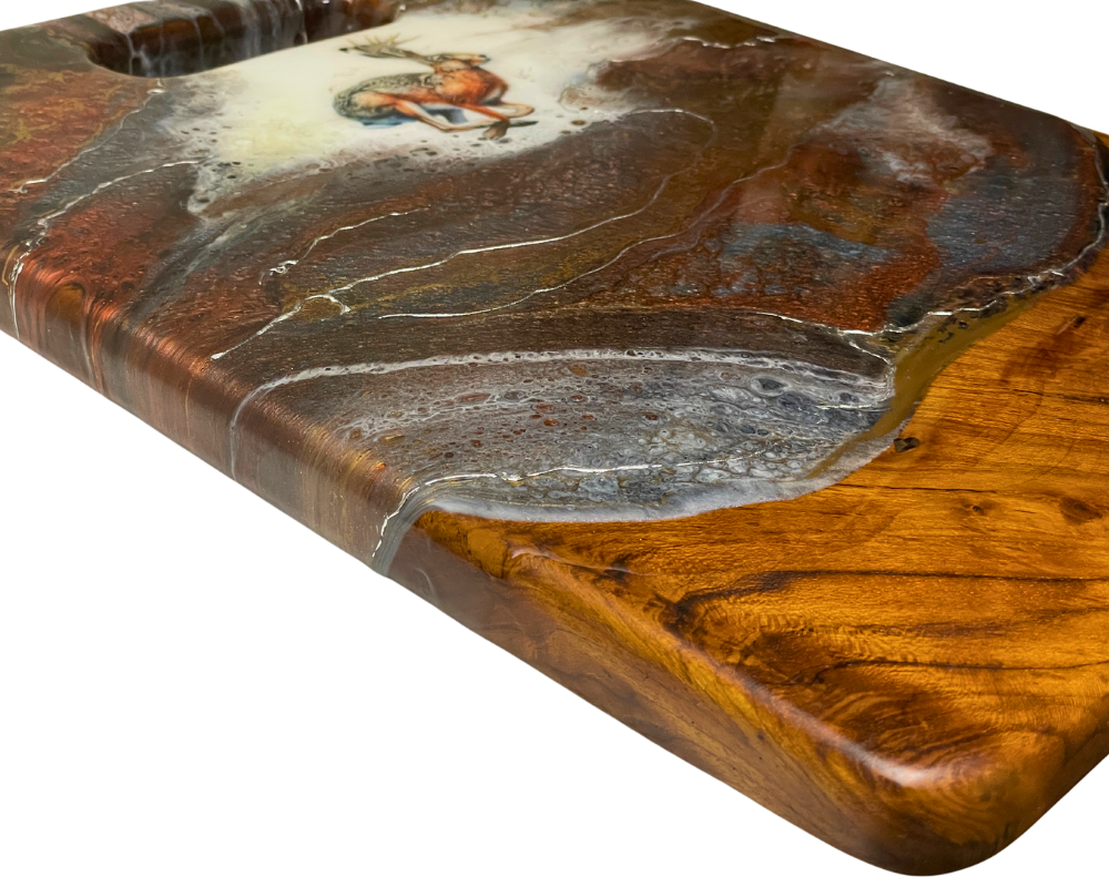 " Jackalope Running " Teak Cheese Board with Pure Silver