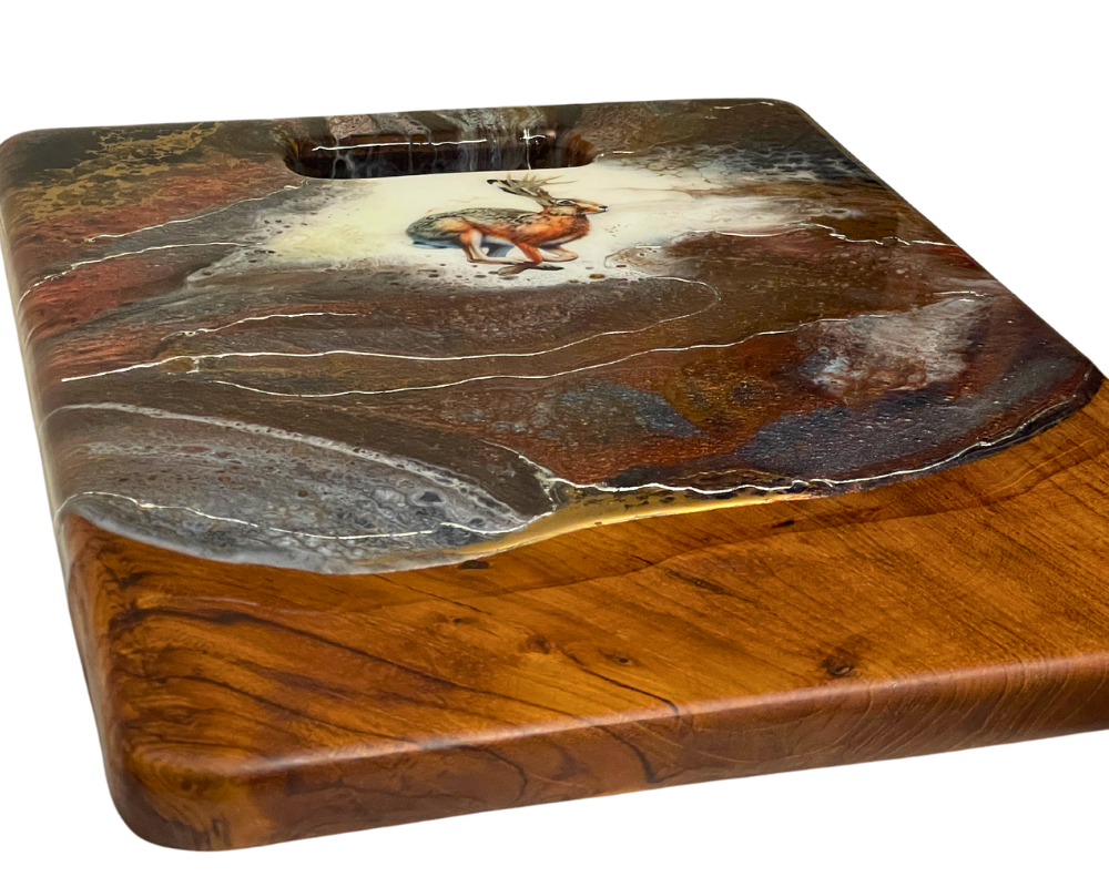 " Jackalope Running " Teak Cheese Board with Pure Silver