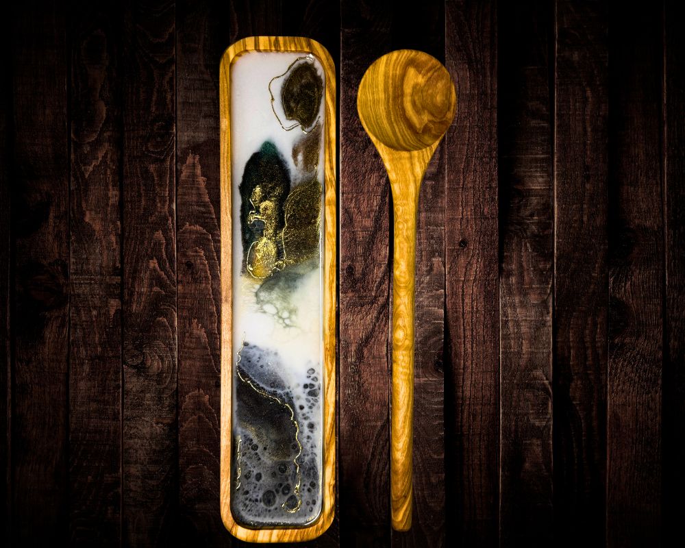 Handcrafted Olive Wood Spoon Rest & Spoon Set with 24K Gold Resin Artwork