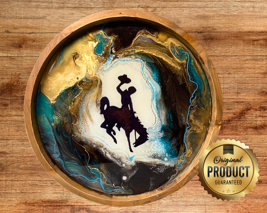 16" Wyoming Cowboy Lazy Susan -  Natural Wood with Resin Artwork & 24k Gold Accents