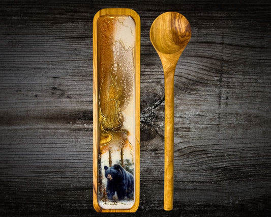 Handcrafted Olive Wood Spoon Rest with Black Bear Resin Art & 24K Gold Accents