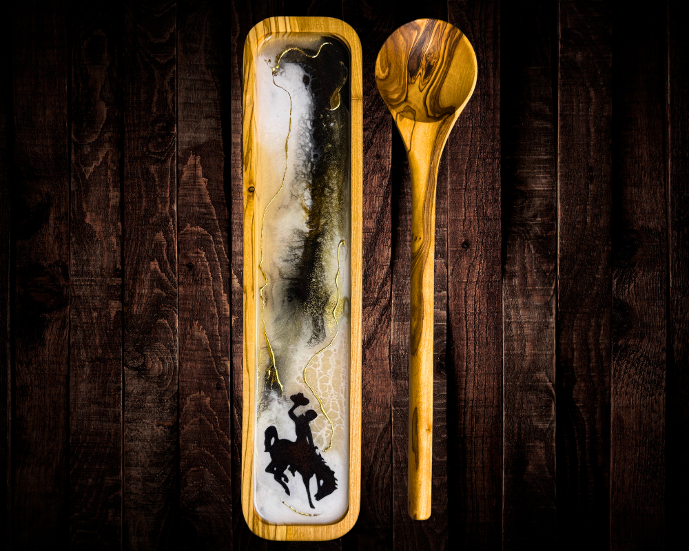 Wyoming Cowboy Steamboat Olive Wood Spoon Rest & Spoon Set