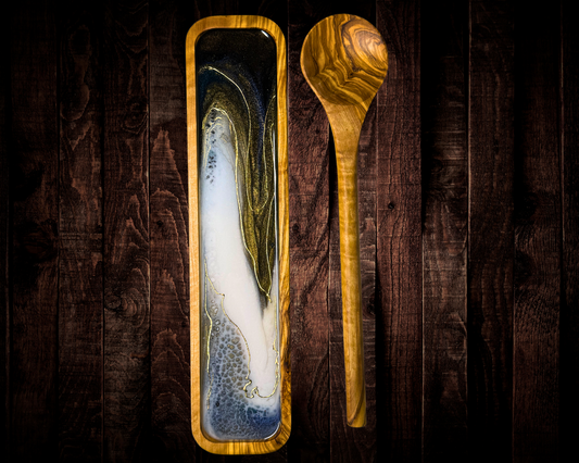 Handcrafted Olive Wood Spoon Rest & Spoon Set with 24K Gold Resin Artwork