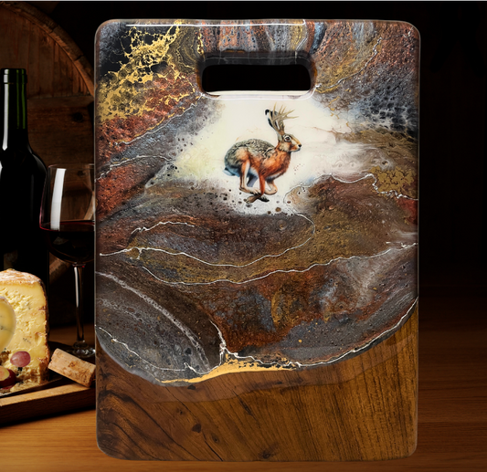 " Jackalope Running " Teak Cheese Board with Pure Silver