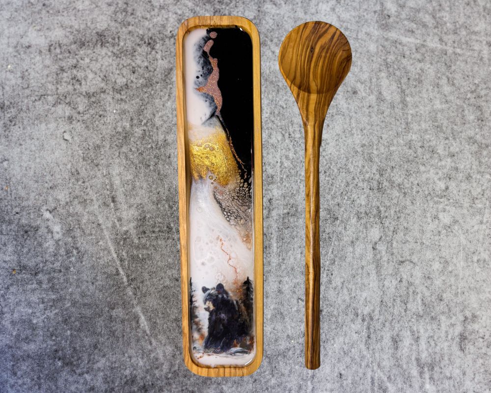 Olive Wood Spoon Rest with Black Bear Resin Art and 24K Gold Inlay