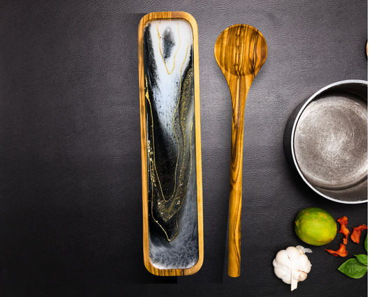 Black and White Monochrome Olive Wood Spoon Rest Set with 24K Gold