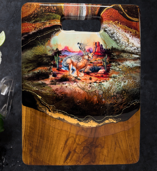 Jackalope in the Desert Teak Charcuterie Board with 24K Gold