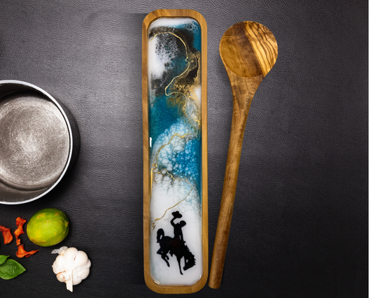 Wyoming " Steamboat " Teal and White Olive Wood Spoon Rest Set with 24K Gold