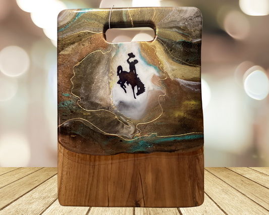 Wyoming Cowboy Charcuterie Board – Handcrafted Teak Root Wood with 24K Gold Resin Artwork