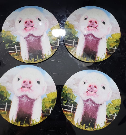 " Piggy " Round Coaster Oil Painting Artist: Moss Kent  Little pink piggy up close   Trees and fence in the background   3.75" across  Round coaster  Cork back  Images are from the artist's original oil paintings