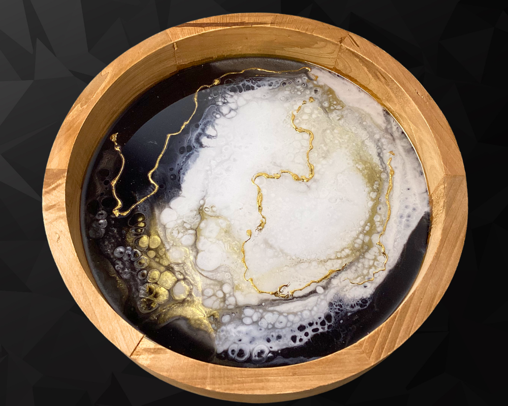 10" Handcrafted Monochrome Resin Lazy Susan Tray with 24k Gold Accents