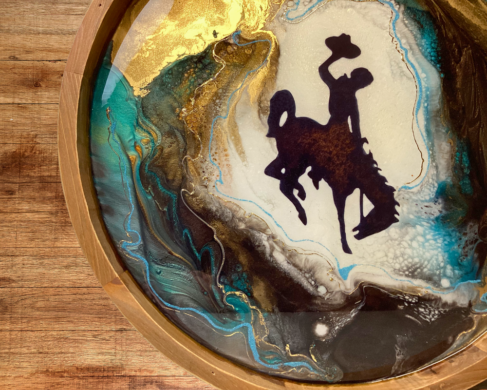 16" Wyoming Cowboy Lazy Susan -  Natural Wood with Resin Artwork & 24k Gold Accents