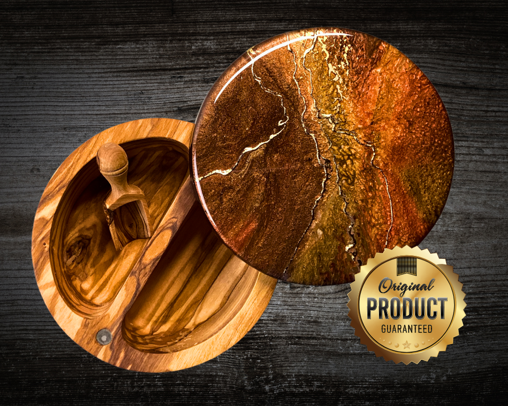 Abstract Resin & Olive Wood Double Salt Cellar - Functional Elegance for Your Kitchen