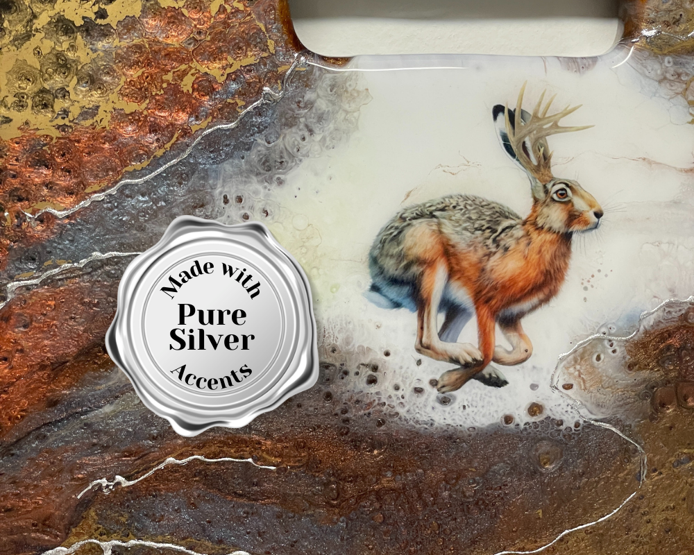 " Jackalope Running " Teak Cheese Board with Pure Silver