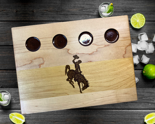 Wyoming Cowboy Shot Glass Flight Board – Maple Wood with Resin Logo