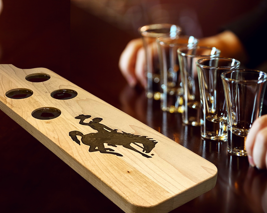 Wyoming Cowboy Shot Glass Flight Board with Handle