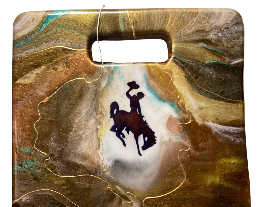 Wyoming Cowboy Charcuterie Board – Handcrafted Teak Root Wood with 24K Gold Resin Artwork