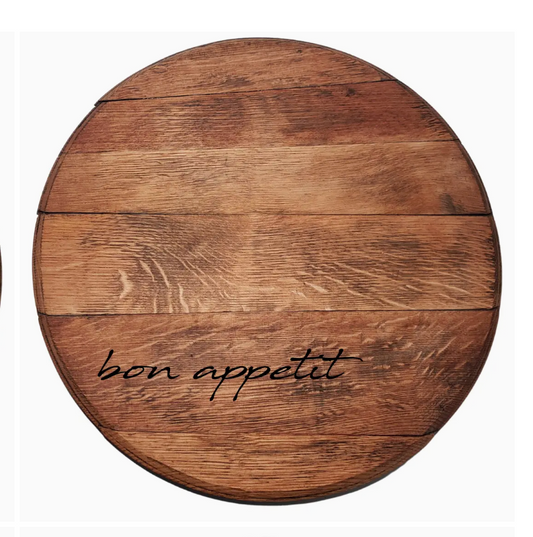 21" Wine Barrel Lazy Susan - Engraved - Rustic Elegance  Bon Appetit