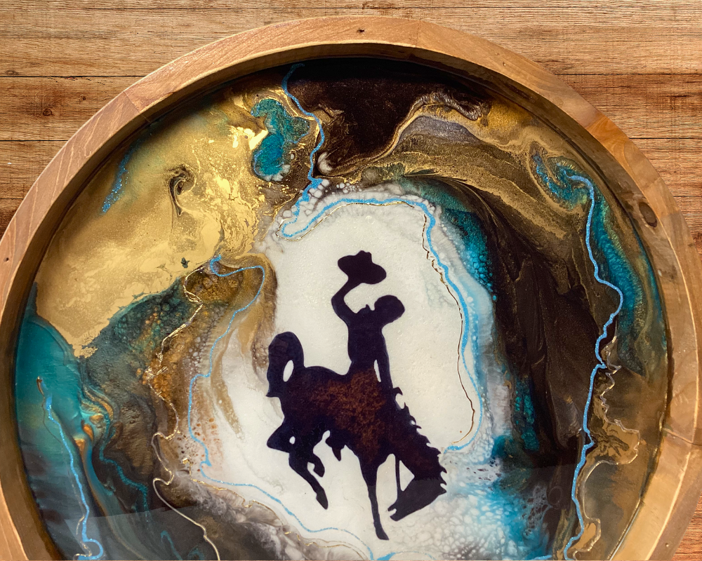 16" Wyoming Cowboy Lazy Susan -  Natural Wood with Resin Artwork & 24k Gold Accents