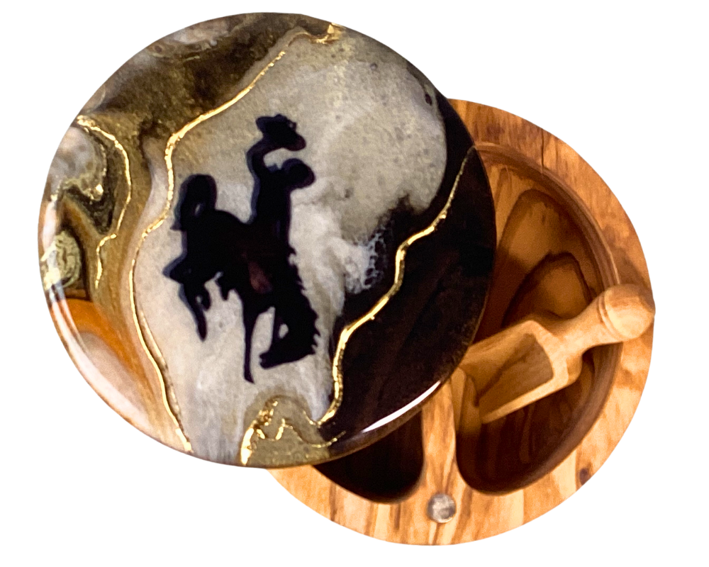 Handcrafted Wyoming Cowboy Olive Wood Spice Cellar – Unique Resin Art with 24K Gold