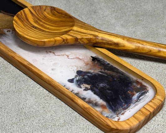 Olive Wood Spoon Rest with Black Bear Resin Art and 24K Gold Inlay