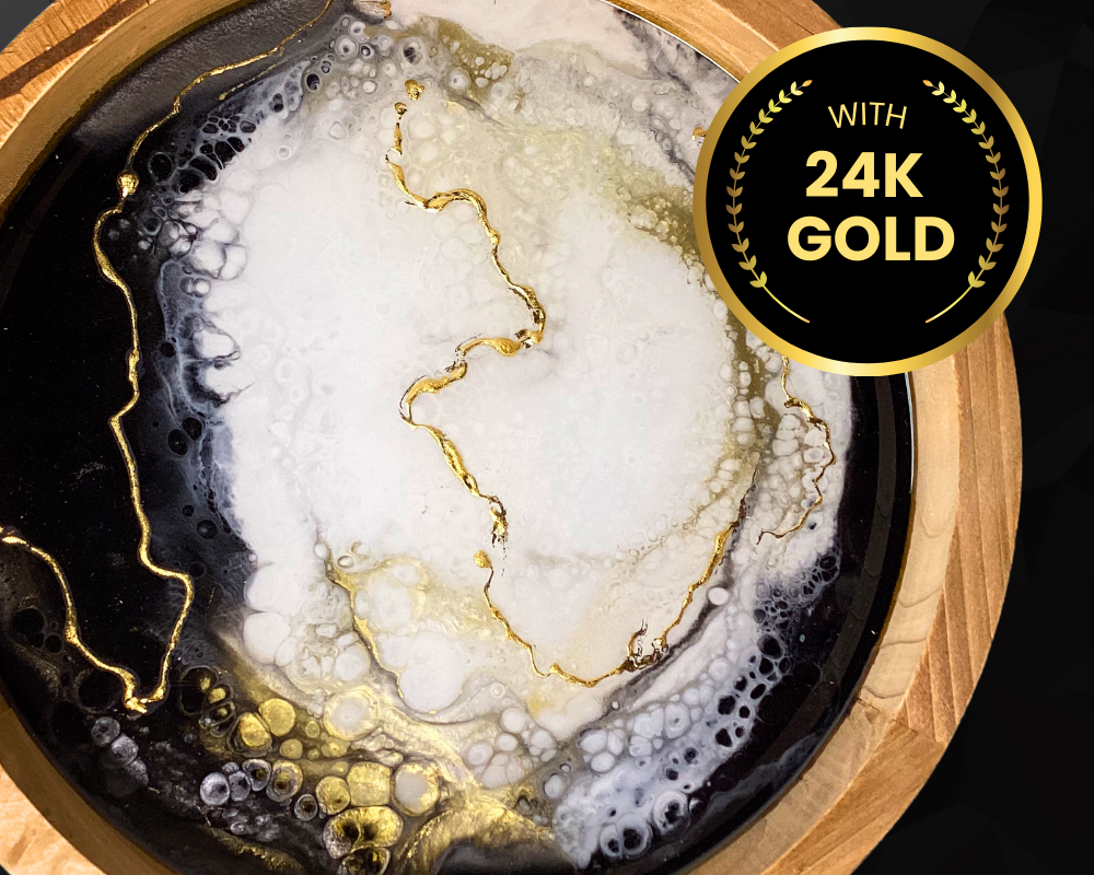 10" Handcrafted Monochrome Resin Lazy Susan Tray with 24k Gold Accents