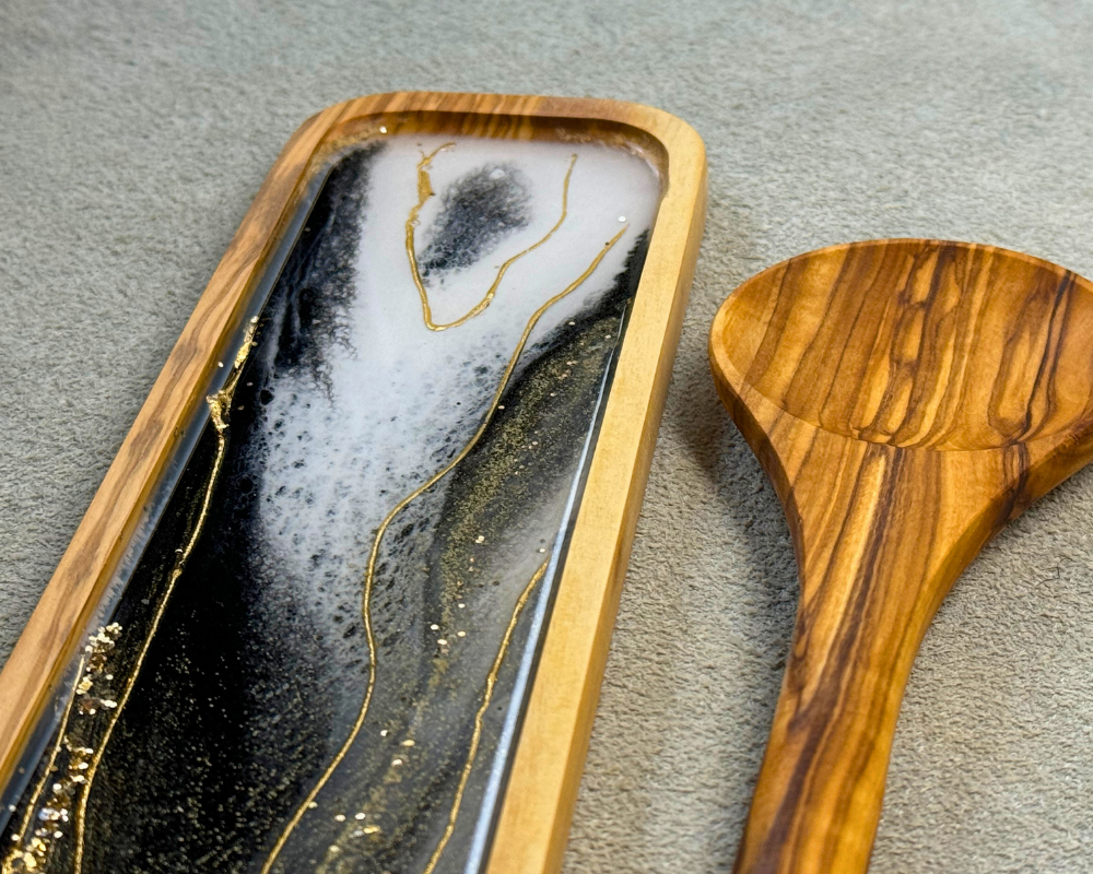 Black and White Monochrome Olive Wood Spoon Rest Set with 24K Gold