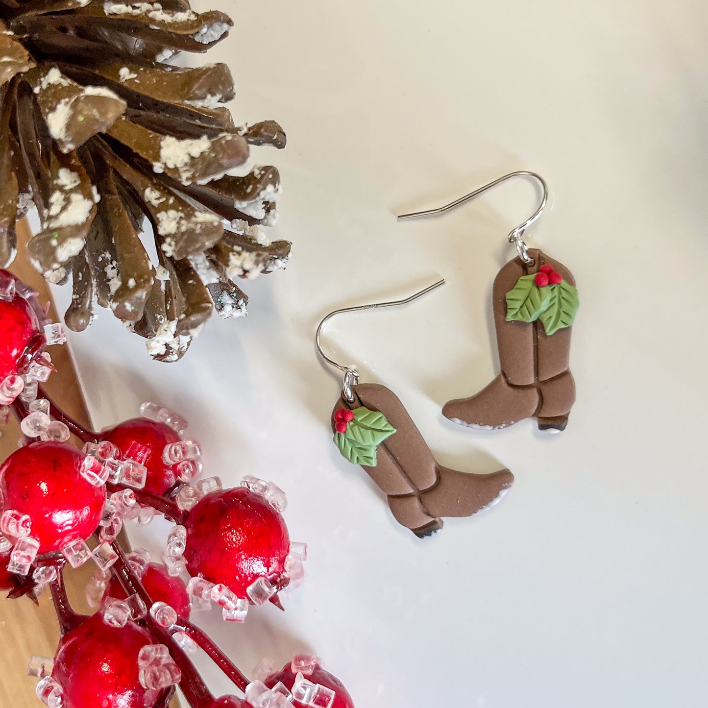 " Cowboy Boots and Holly " Polymer Clay Earrings