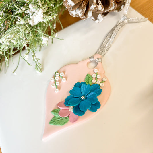 Pink and Teal Floral Polymer Clay Ornament