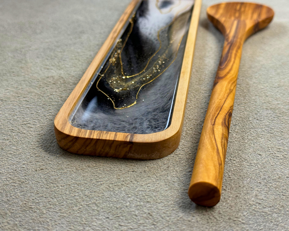 Black and White Monochrome Olive Wood Spoon Rest Set with 24K Gold