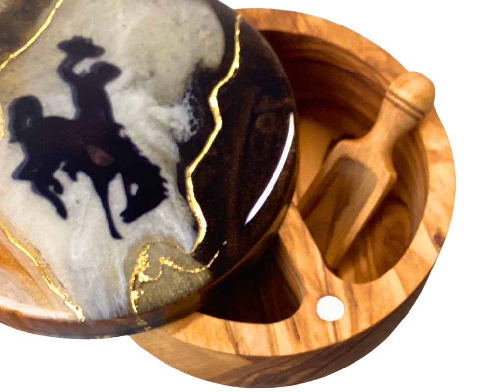 Handcrafted Wyoming Cowboy Olive Wood Spice Cellar – Unique Resin Art with 24K Gold