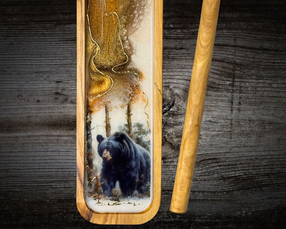 Handcrafted Olive Wood Spoon Rest with Black Bear Resin Art & 24K Gold Accents