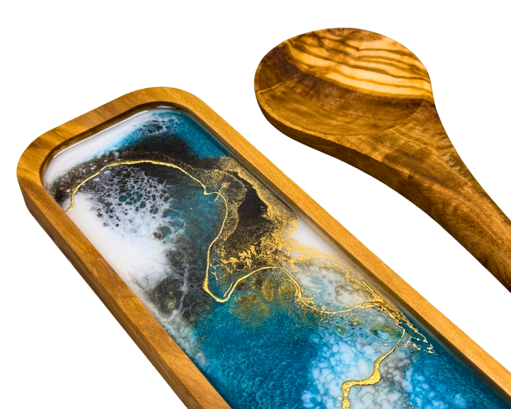 Wyoming " Steamboat " Teal and White Olive Wood Spoon Rest Set with 24K Gold