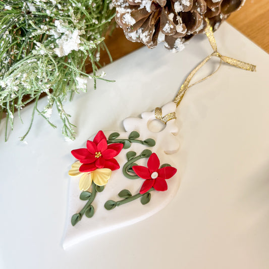 White and Red Floral Polymer Clay Ornament