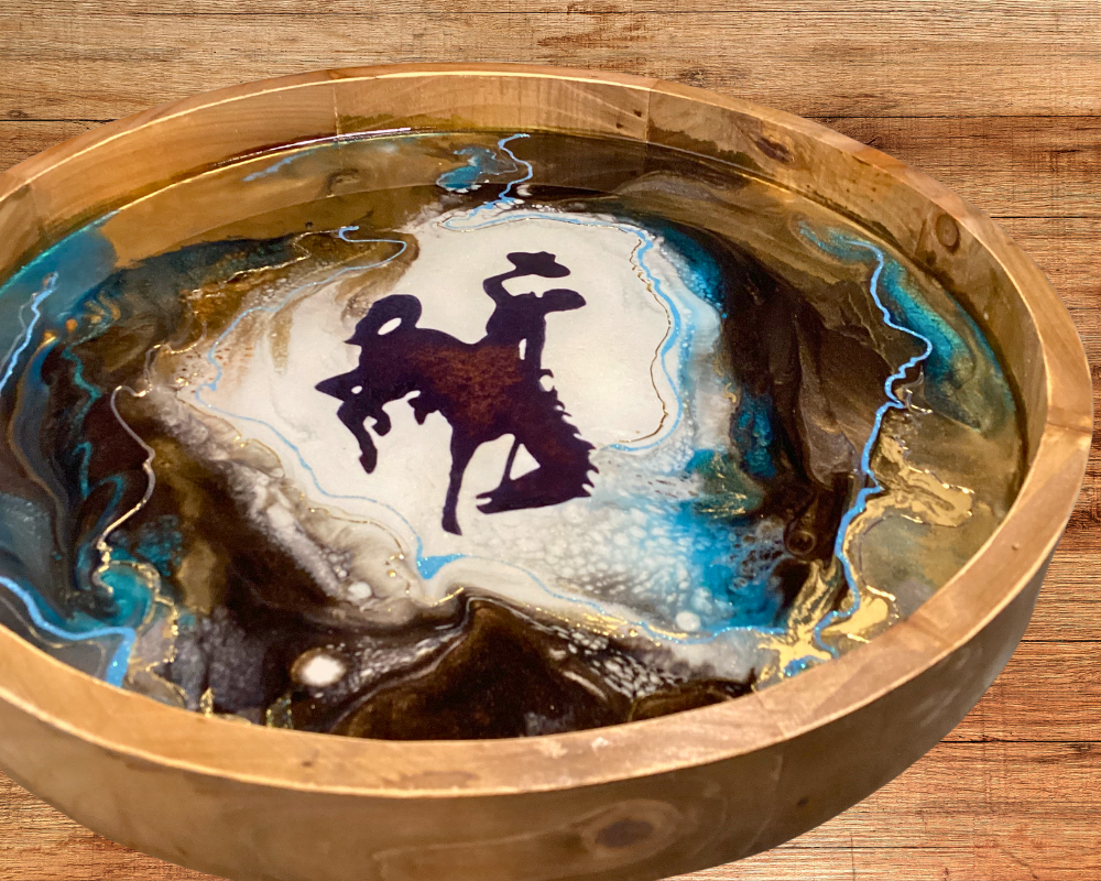 16" Wyoming Cowboy Lazy Susan -  Natural Wood with Resin Artwork & 24k Gold Accents