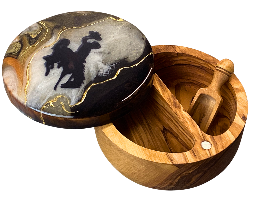 Handcrafted Wyoming Cowboy Olive Wood Spice Cellar – Unique Resin Art with 24K Gold