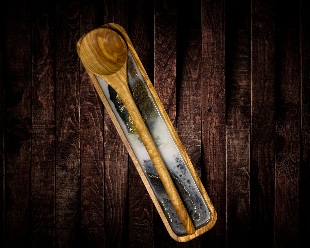 Handcrafted Olive Wood Spoon Rest & Spoon Set with 24K Gold Resin Artwork