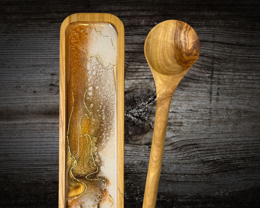 Handcrafted Olive Wood Spoon Rest with Black Bear Resin Art & 24K Gold Accents