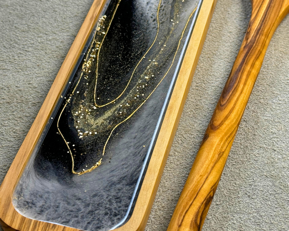 Black and White Monochrome Olive Wood Spoon Rest Set with 24K Gold