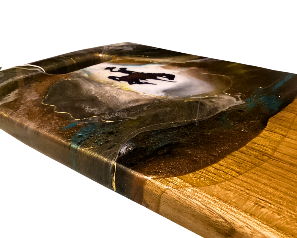 Wyoming Cowboy Charcuterie Board – Handcrafted Teak Root Wood with 24K Gold Resin Artwork