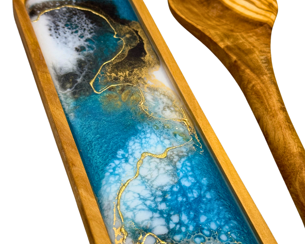 Wyoming " Steamboat " Teal and White Olive Wood Spoon Rest Set with 24K Gold