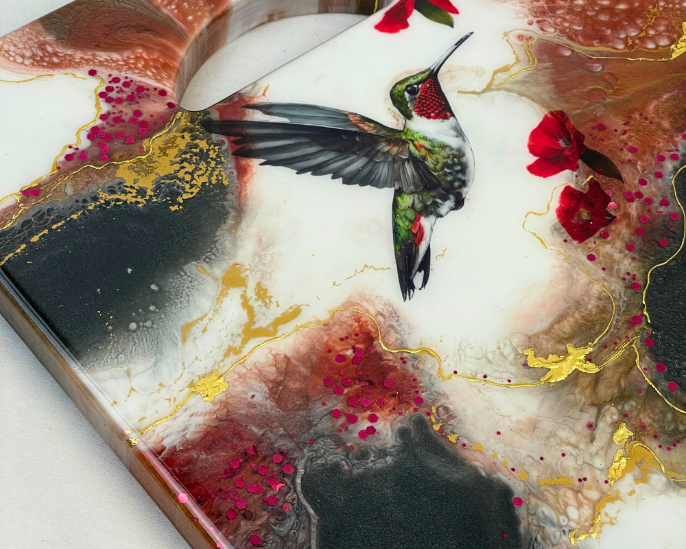 " Vibrant Hummingbird " Charcuterie Board with 24K Gold