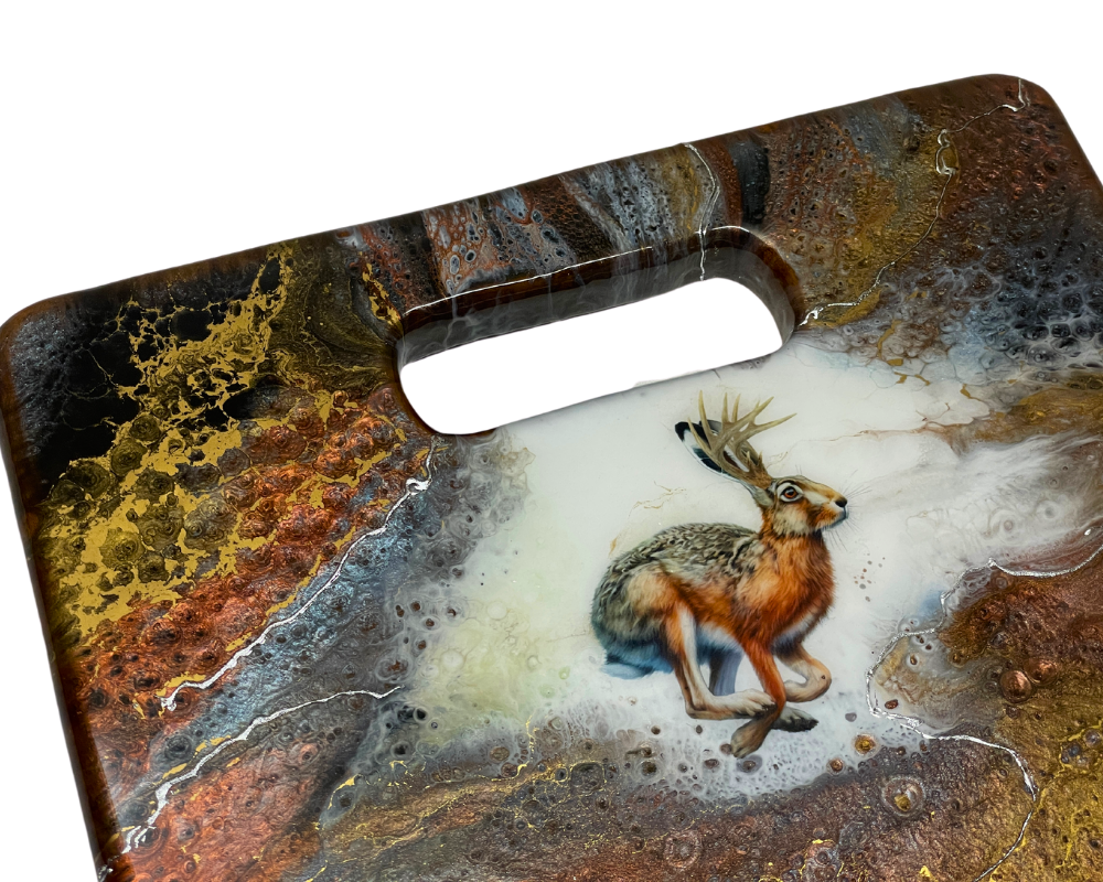 " Jackalope Running " Teak Cheese Board with Pure Silver