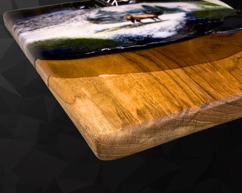 Bull Elk Teak Root Charcuterie Board with Handcrafted Resin Artwork