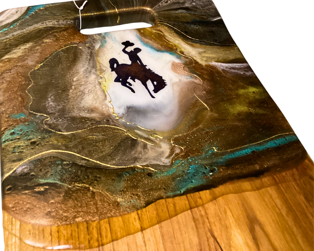 Wyoming Cowboy Charcuterie Board – Handcrafted Teak Root Wood with 24K Gold Resin Artwork