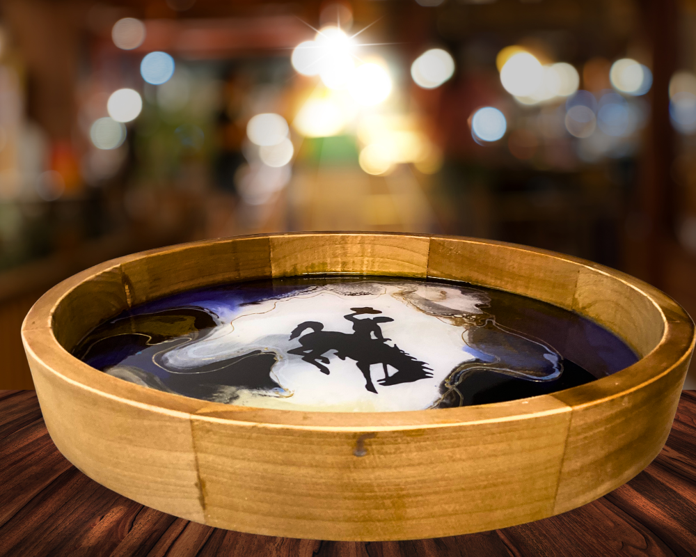 16" Wyoming Cowboy Lazy Susan -  Natural Wood with Resin Artwork & 24k Gold Accents