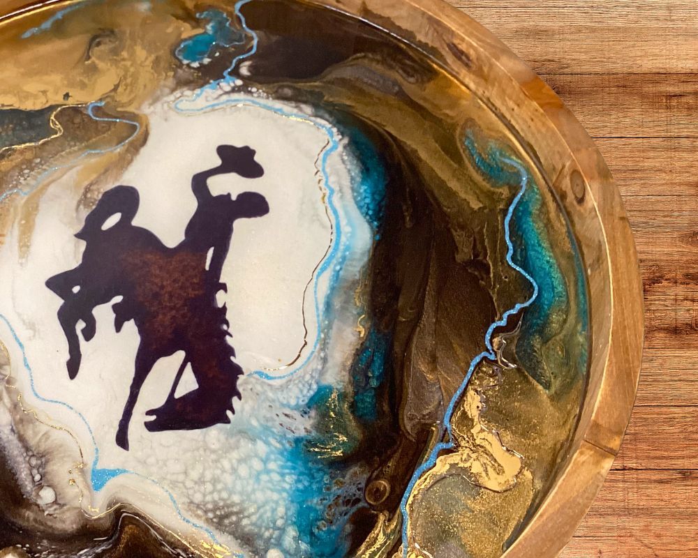 16" Wyoming Cowboy Lazy Susan -  Natural Wood with Resin Artwork & 24k Gold Accents