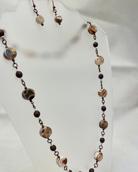 " Coin Cut Ancient Brown Agate with Copper and Brass Accents" Necklace And Earring Set