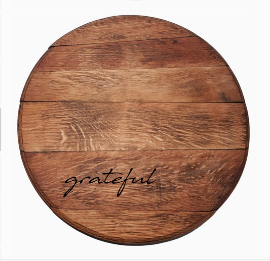 21" Wine Barrel Lazy Susan - Engraved - Rustic Elegance  Grateful