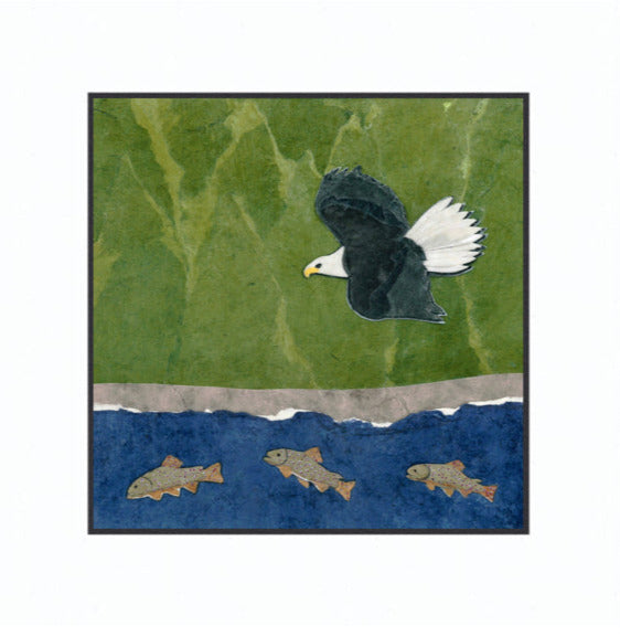 " In Flight - Bald Eagle Fishing " Paper Collage Art